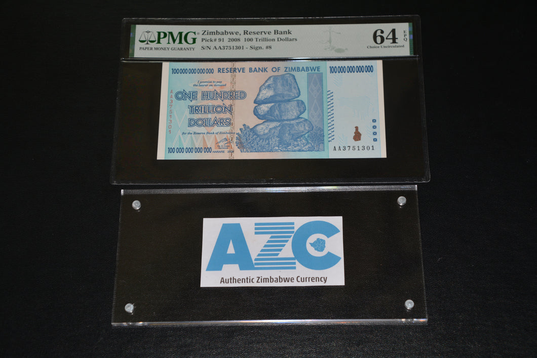 PNG CERTIFIED Zimbabwe 100 trillion dollar banknote, 2008, aa series,  new 64/70