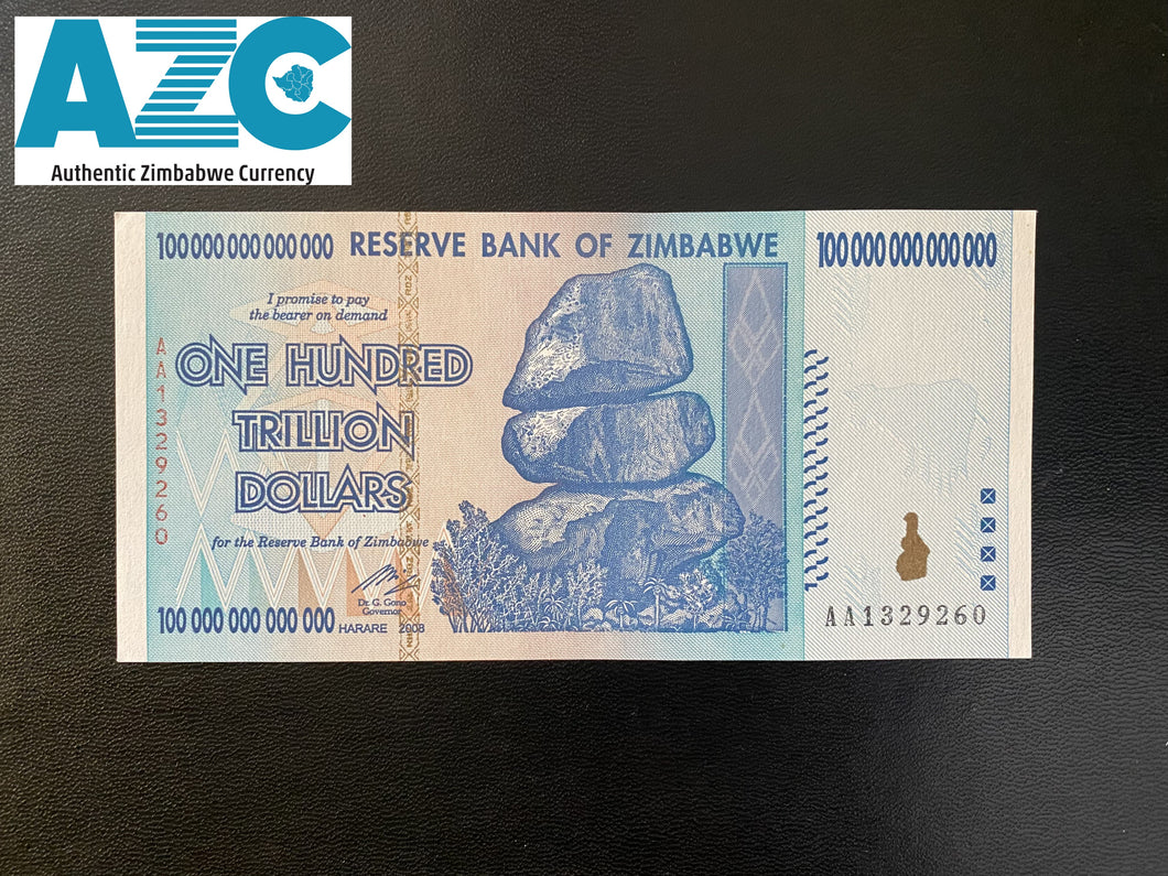 Authentic New 100 Trillion Zimbabwe Banknote - uncirculated AA 2008 P-91