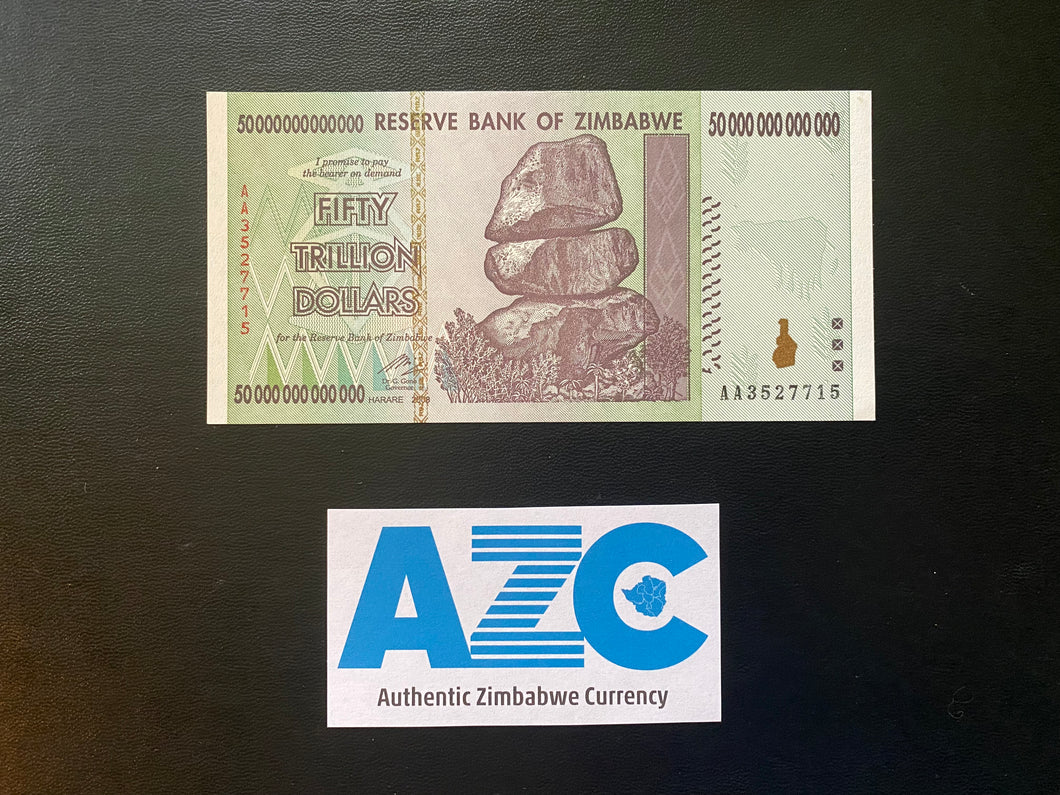 Authentic 50 Trillion Zimbabwe Banknote - uncirculated AA 2008 P-90